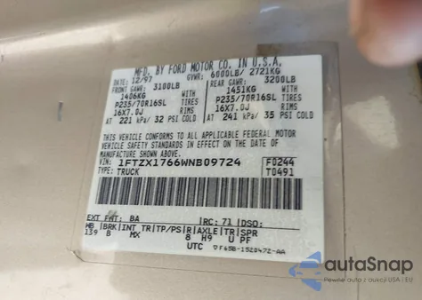 1998 Ford F-150 Lariat/Standard/Xl/Xlt z USA, uszkodzony, nr VIN 1FTZX1766WNB09724